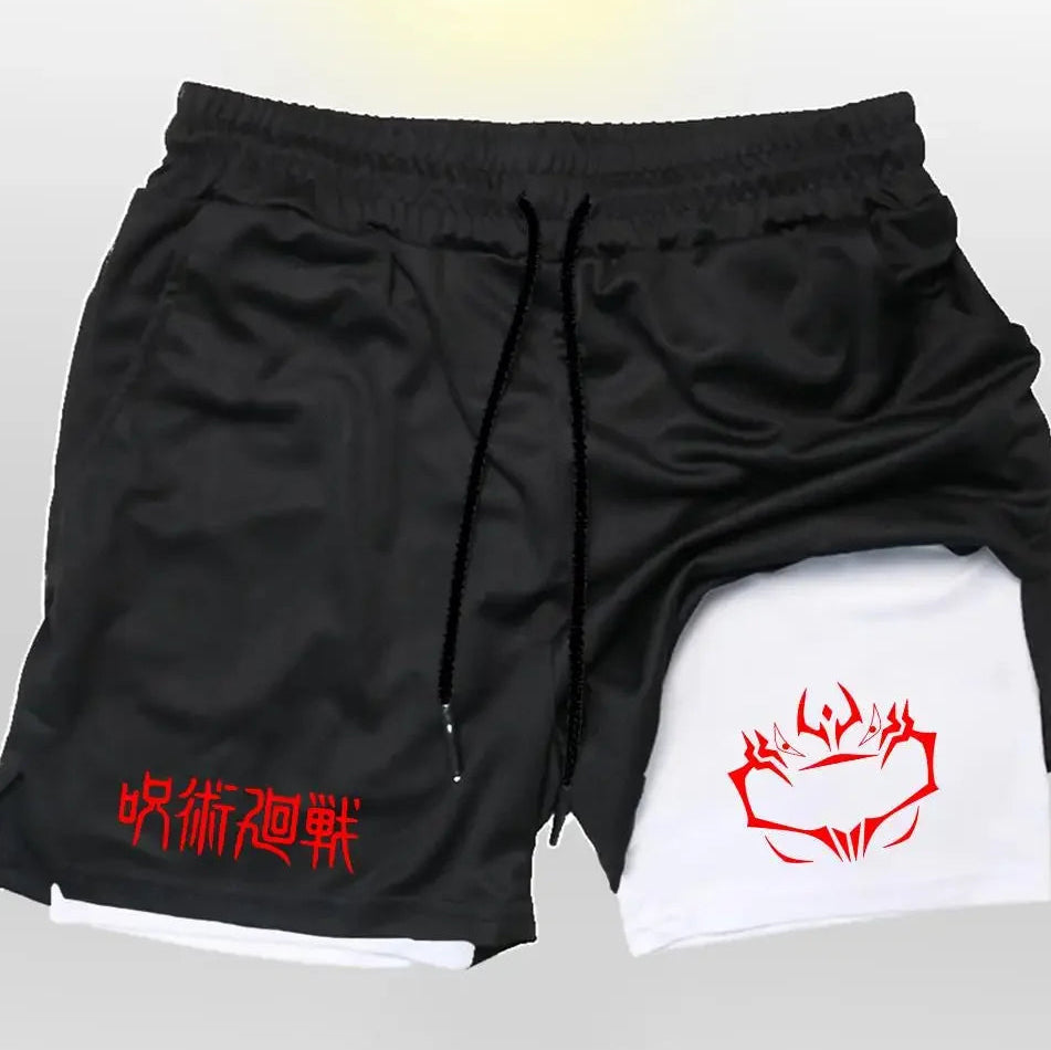 Black drawstring shorts with red logo on front side panel
