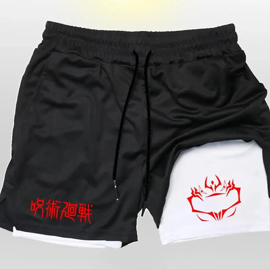 Black drawstring shorts with red logo on front side panel