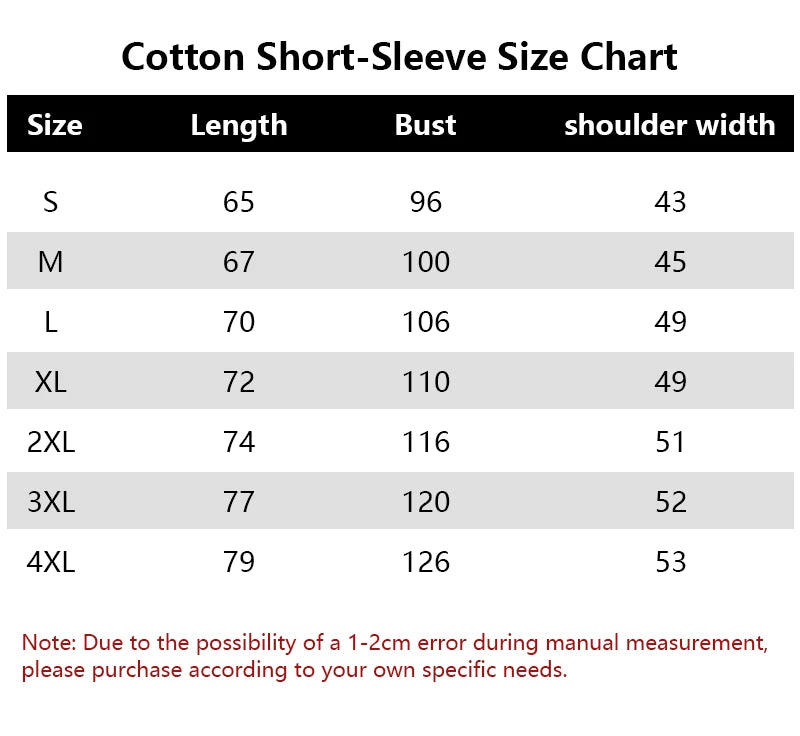 Cotton short-sleeve size chart: S-4XL, length, bust and shoulder width measurements