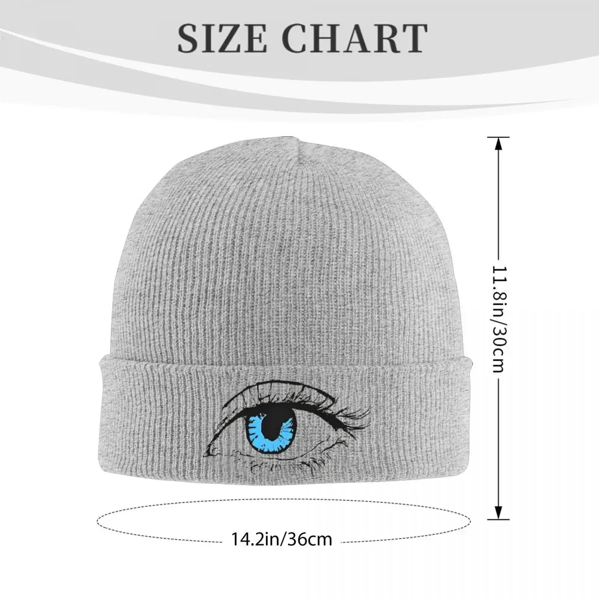 Bonnet gris œil bleu, vue avec guide des dimensions, taille unique