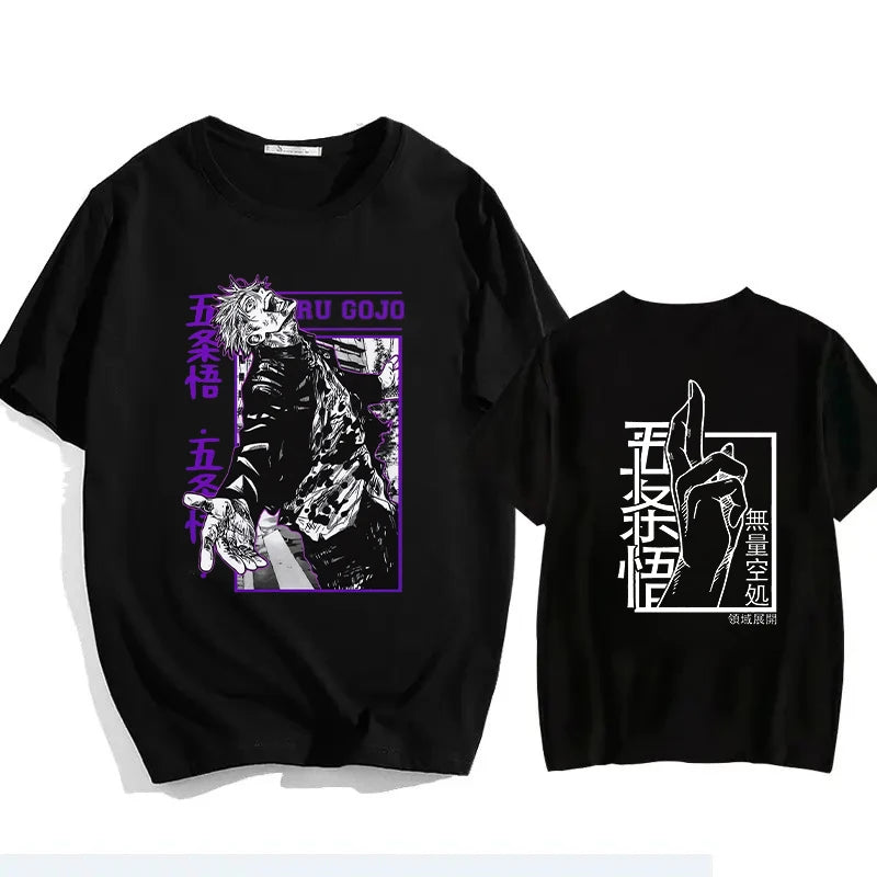 Black T-shirt with purple character graphic, front and back views