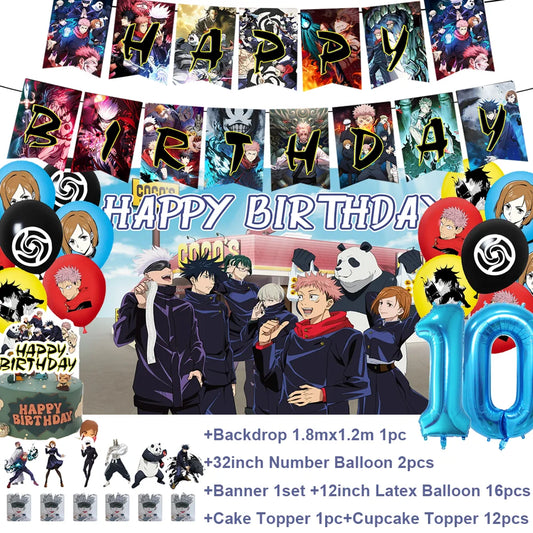 Kit déco anniversaire Jujutsu Kaisen : guirlande fanions, ballons chiffre 10, ballon panda