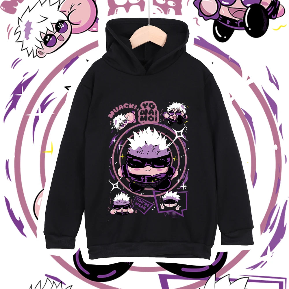 Hoodie noir à capuche, imprimé manga au centre, manches longues