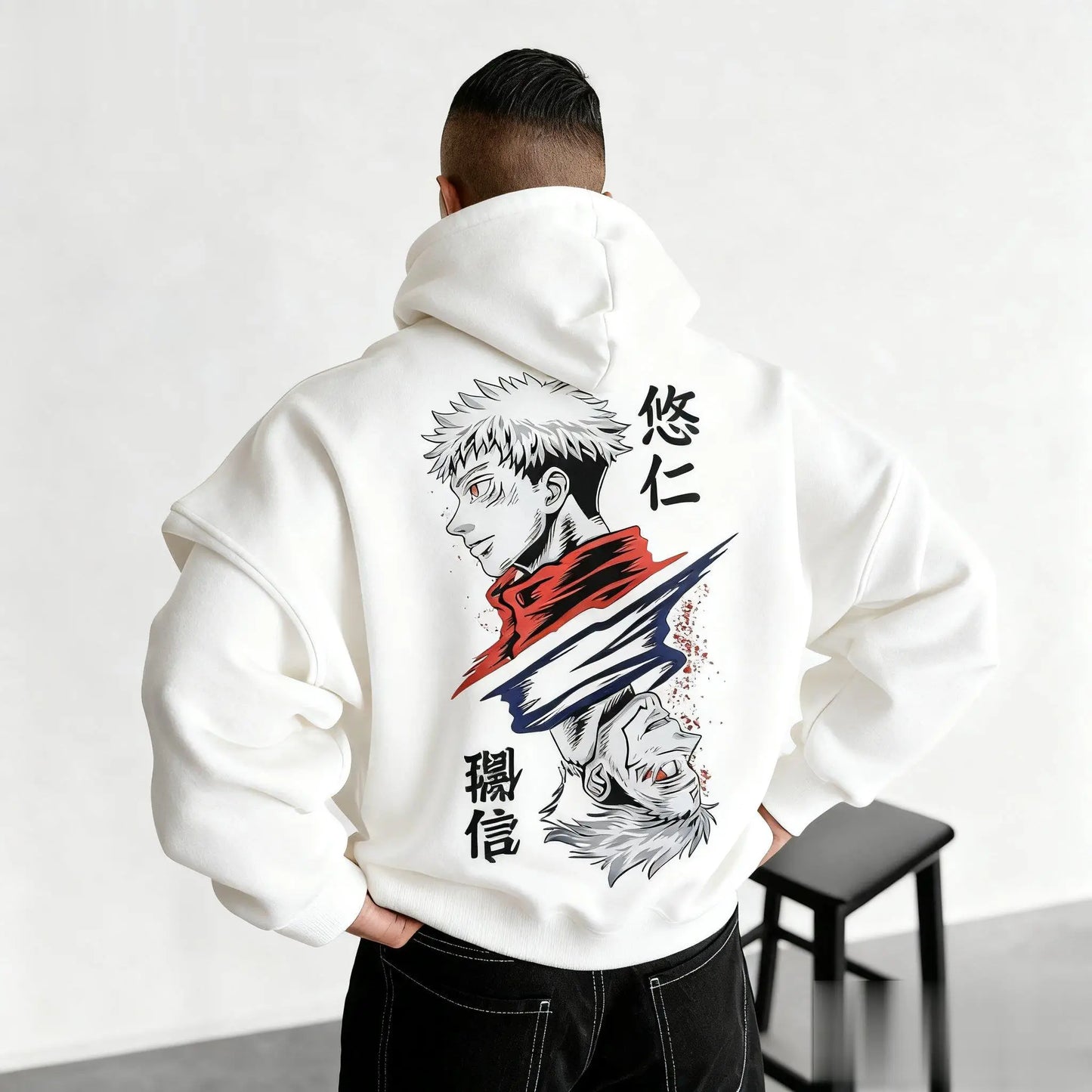 White hoodie back print with Sukuna character illustration and red/blue flame graphics