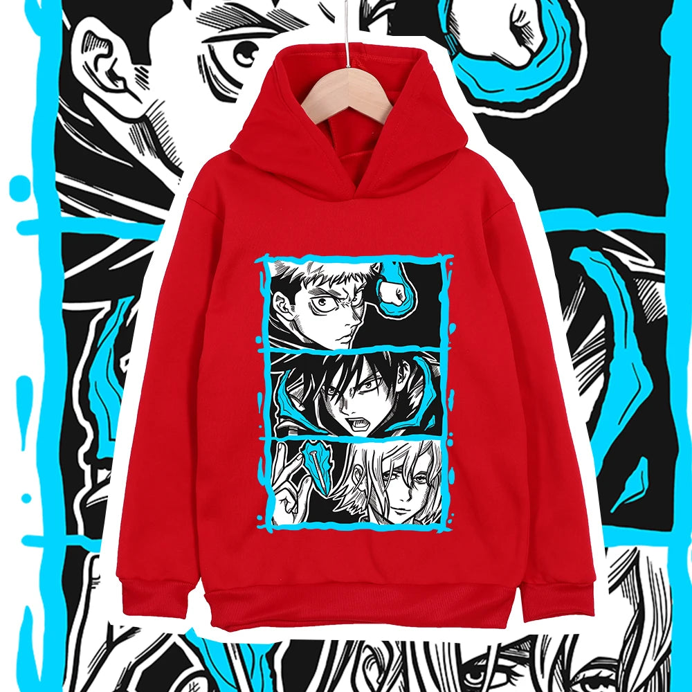 Sweat à capuche enfant rouge avec motif Jujutsu en 3 panneaux, poche kangourou