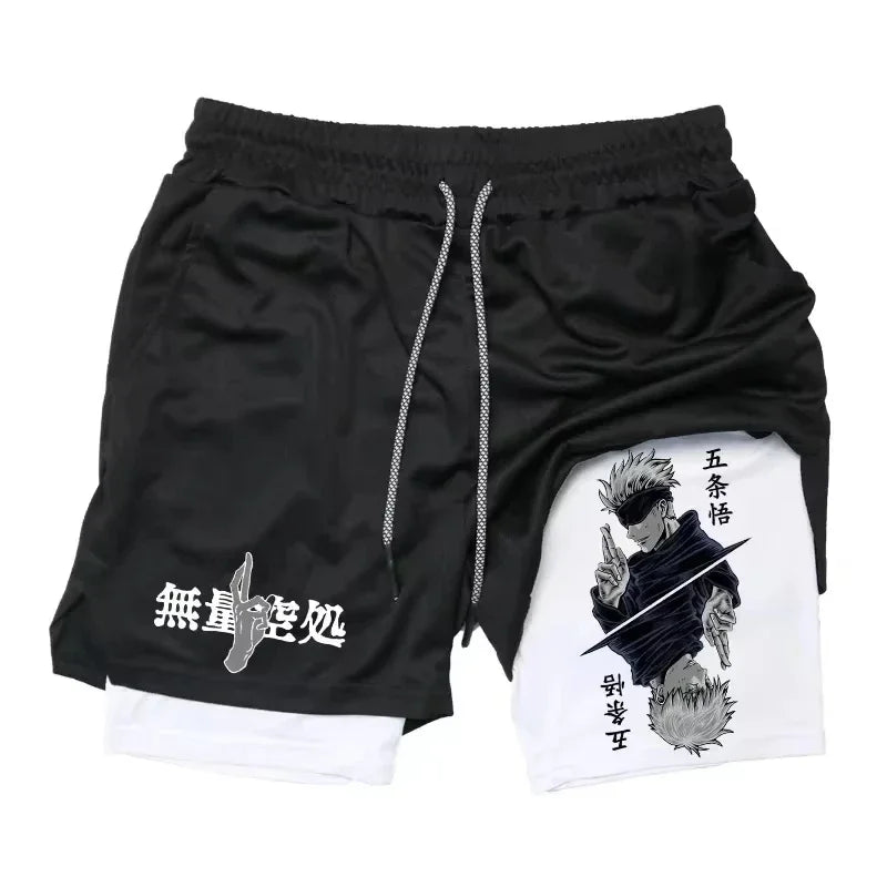 Black drawstring shorts with white lining, Jujutsu character collage print on right