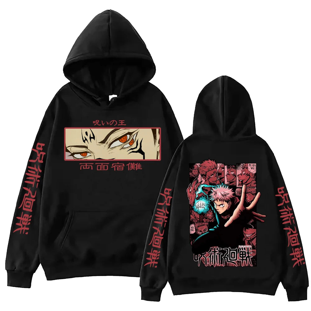 Hoodie noir à capuche, imprimé manga sur le devant et le haut des manches