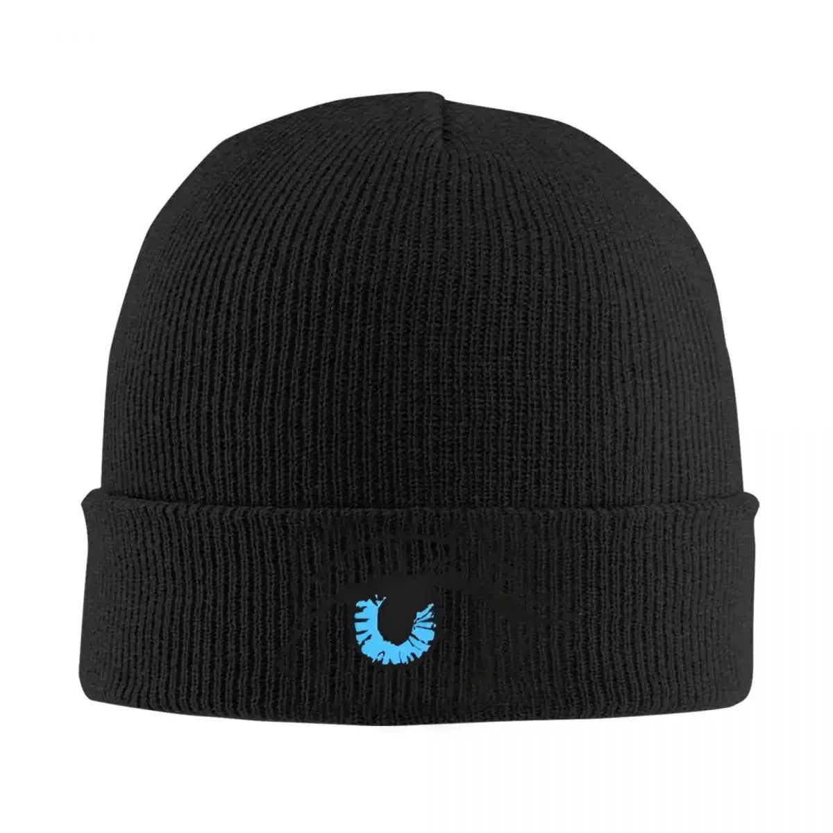 Bonnet noir en maille côtelée avec œil bleu brodé