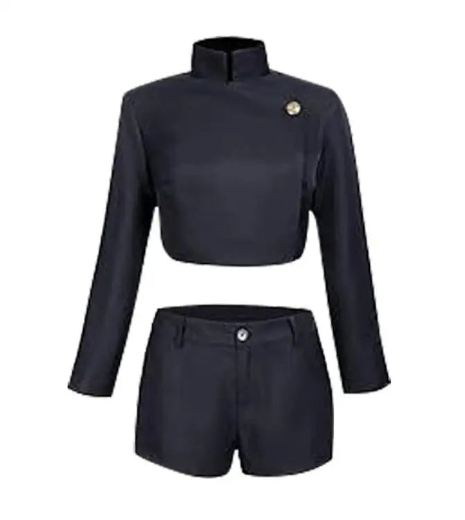 Ensemble costume: veste et short bleu foncé, fermeture à l’avant, coupe ajustée