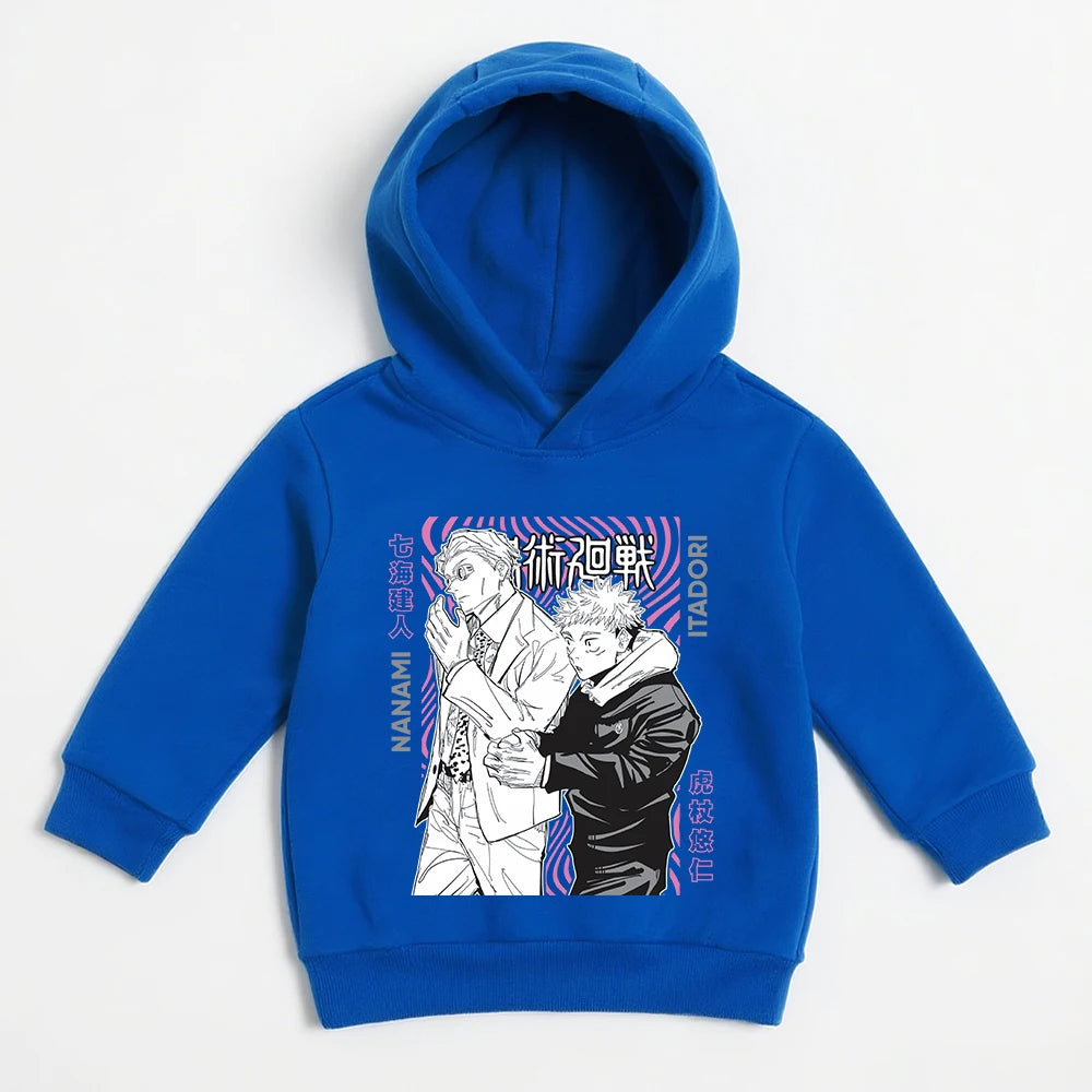 Pull à capuche bleu avec imprimé Itadori et Nanami sur la poitrine