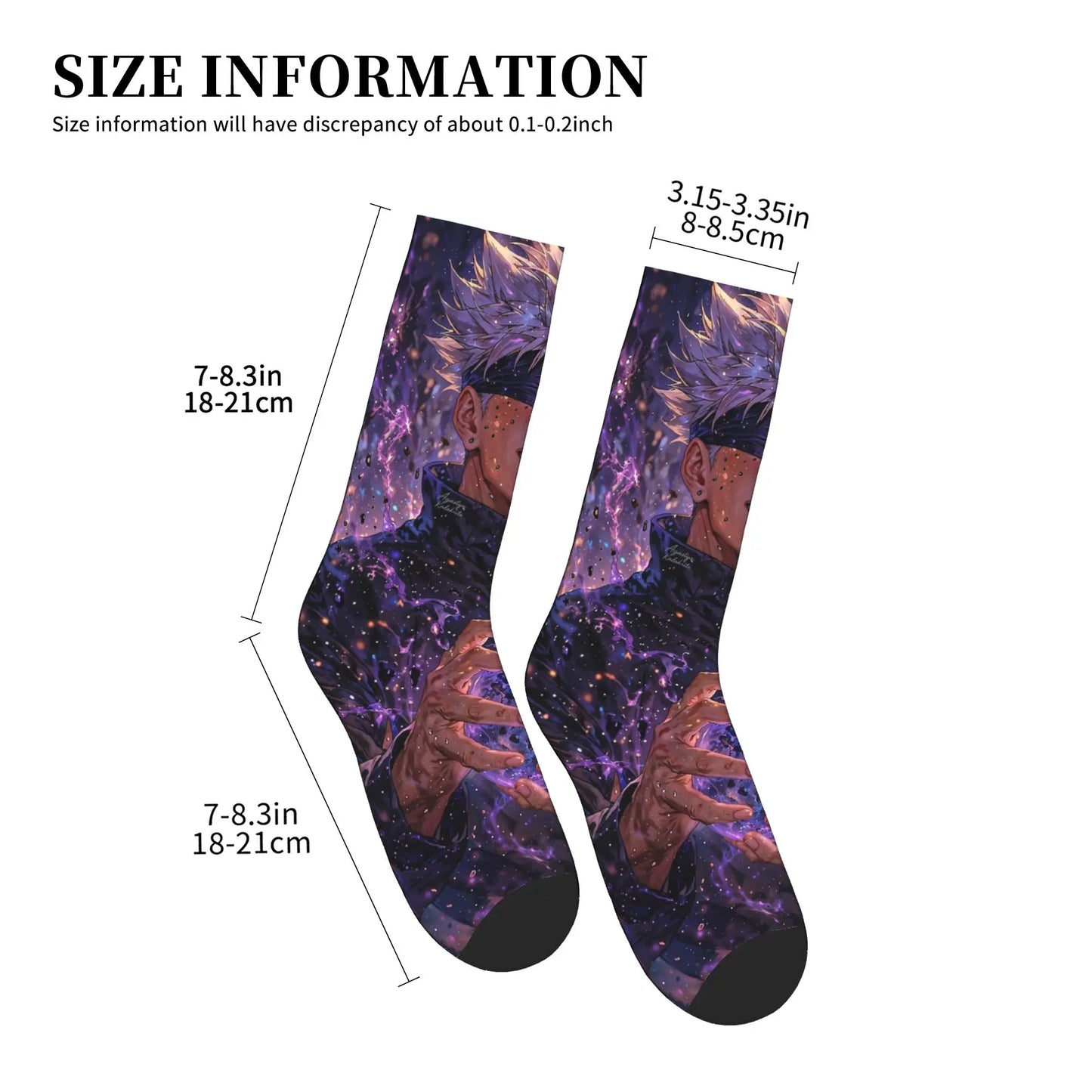 Chaussettes violettes imprimé animé, vue de face, bord élastique, pointe noire
