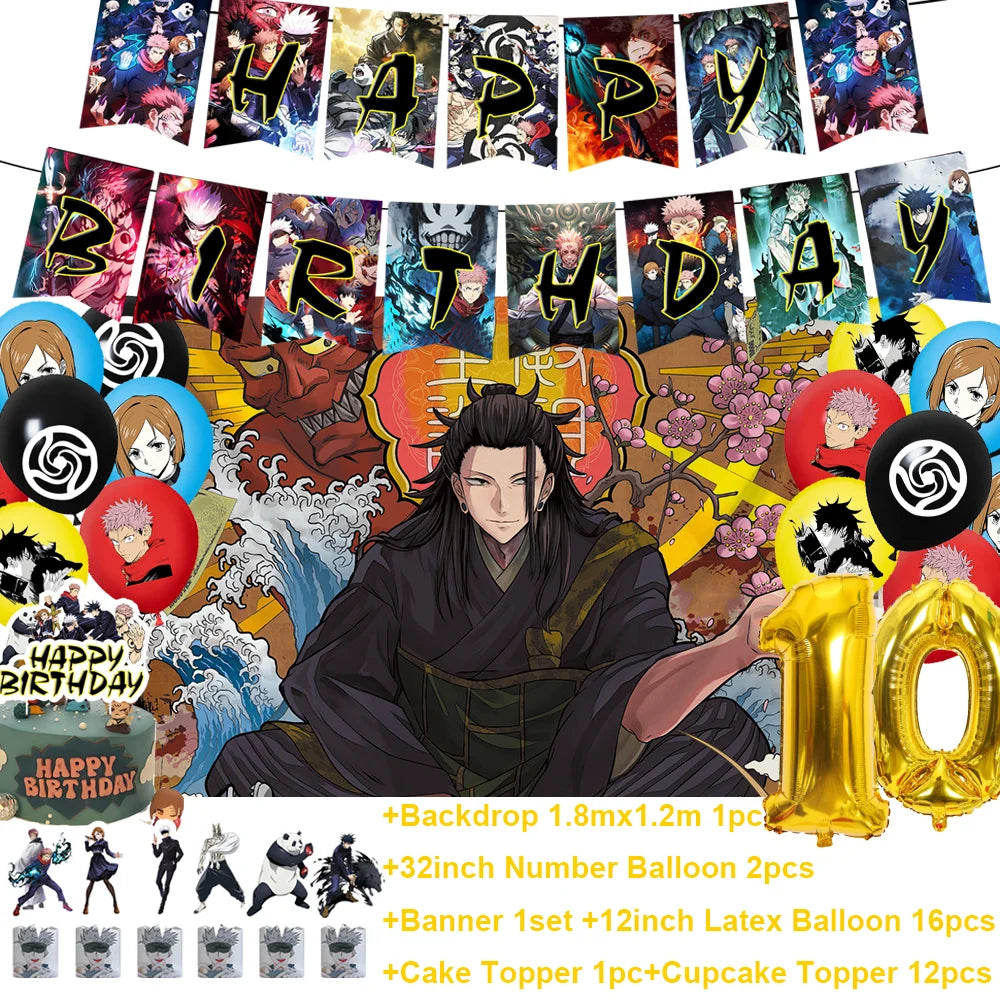 Kit anniversaire Jujutsu Kaisen: bannière décorée, ballons ronds noirs et jaunes, fête