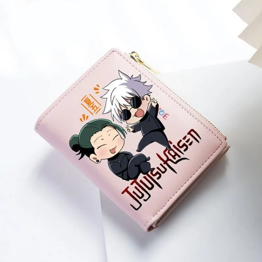 Portefeuille chibi rose à fermeture zippée dorée, illustration Gojo et Geto.