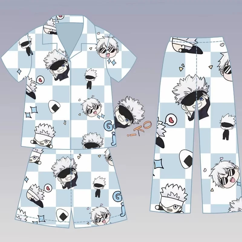 Pyjama Gojo à carreaux bleu : chemise manches courtes et pantalon, motifs Jujutsu