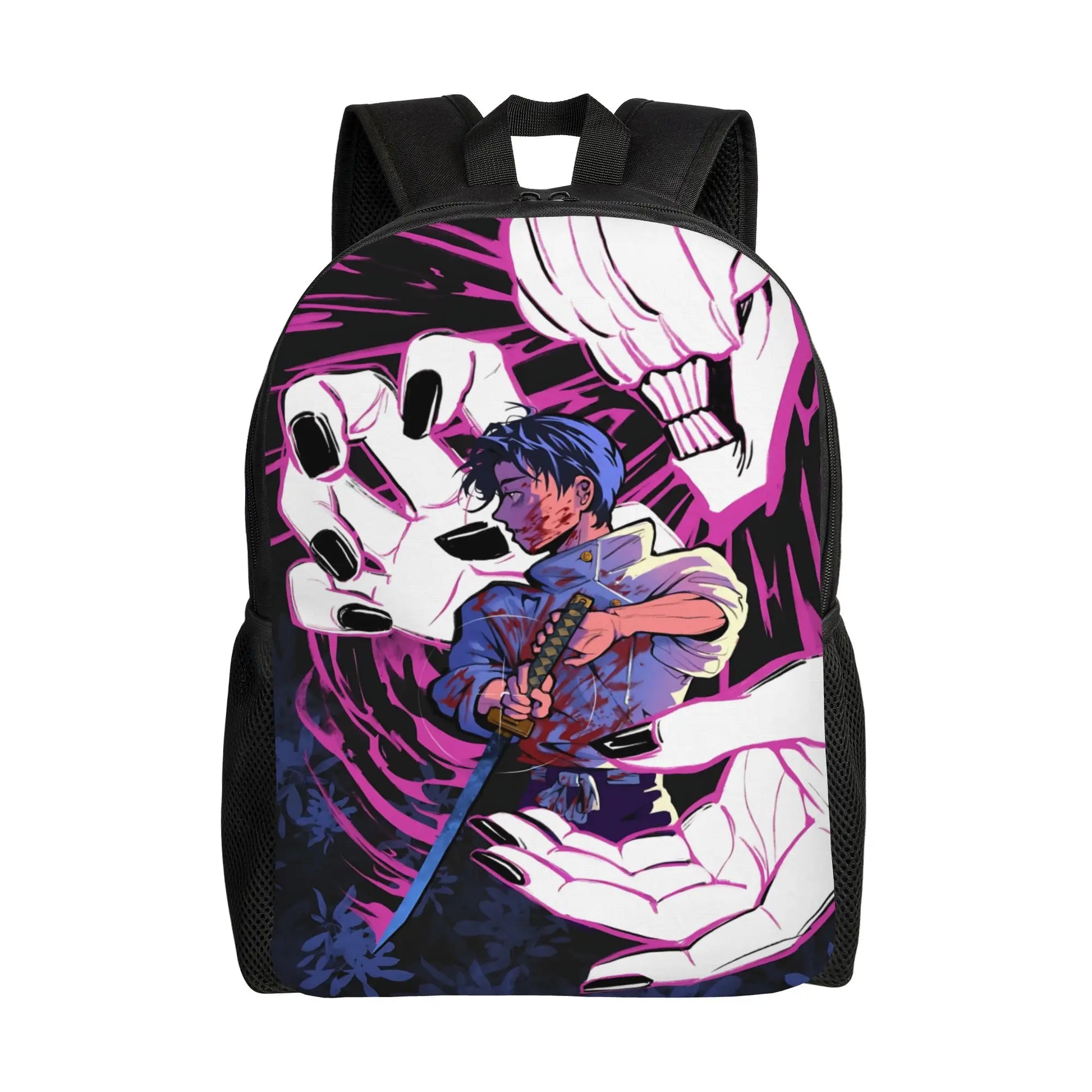Sac à dos violet avec motif graphique, bretelles noires et poche avant en maille