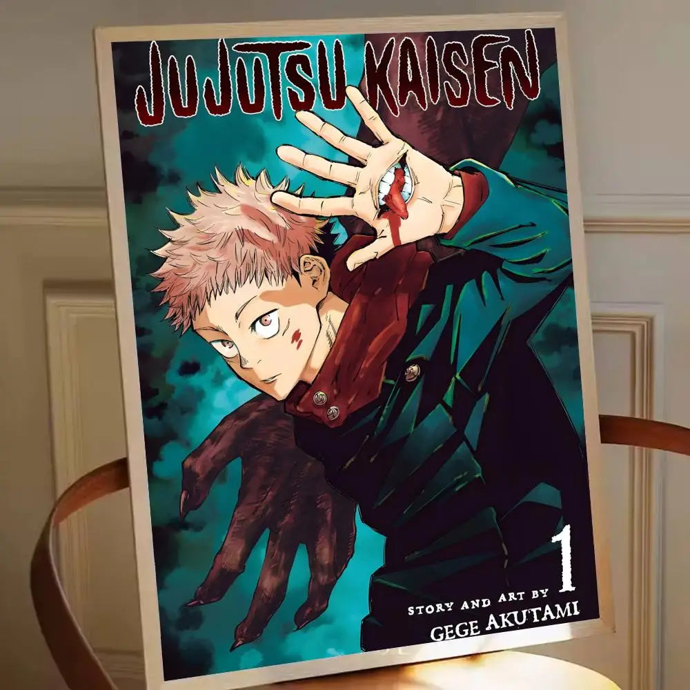 Affiche Jujutsu Kaisen avec Yuji Itadori et main levée, fond vert et violet