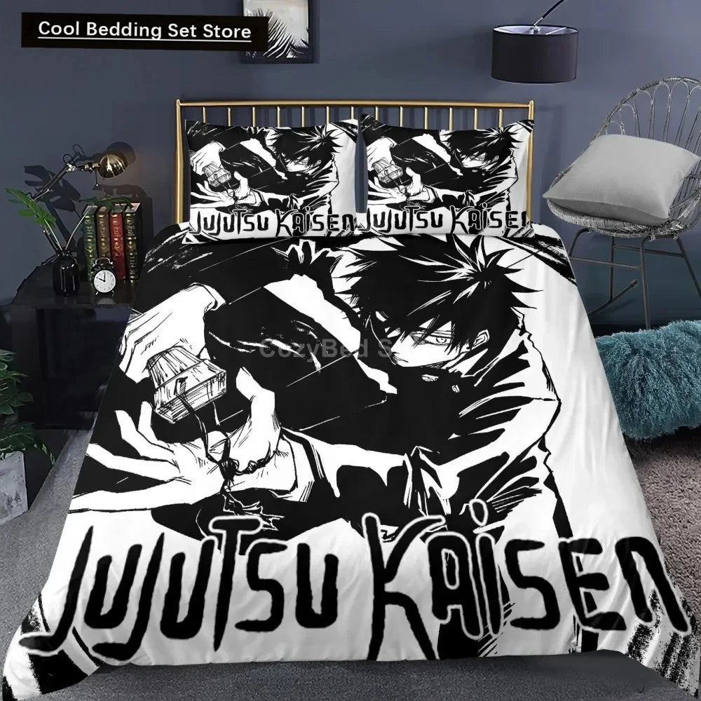 Parure de lit noir et blanc imprimée manga Jujutsu Kaisen sur housse et taies