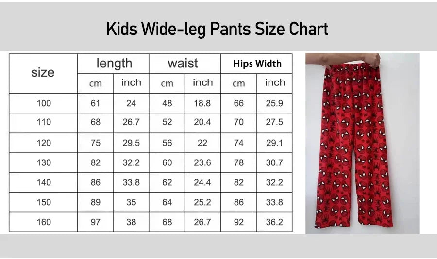 Tableau des tailles enfants: pantalon large 100 à 160, longueur et tour de taille
