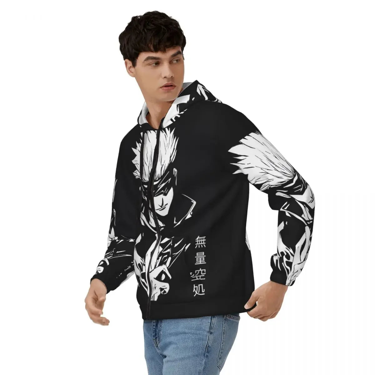 Veste à capuche noire zippée, imprimé central en blanc et noir, manches longues