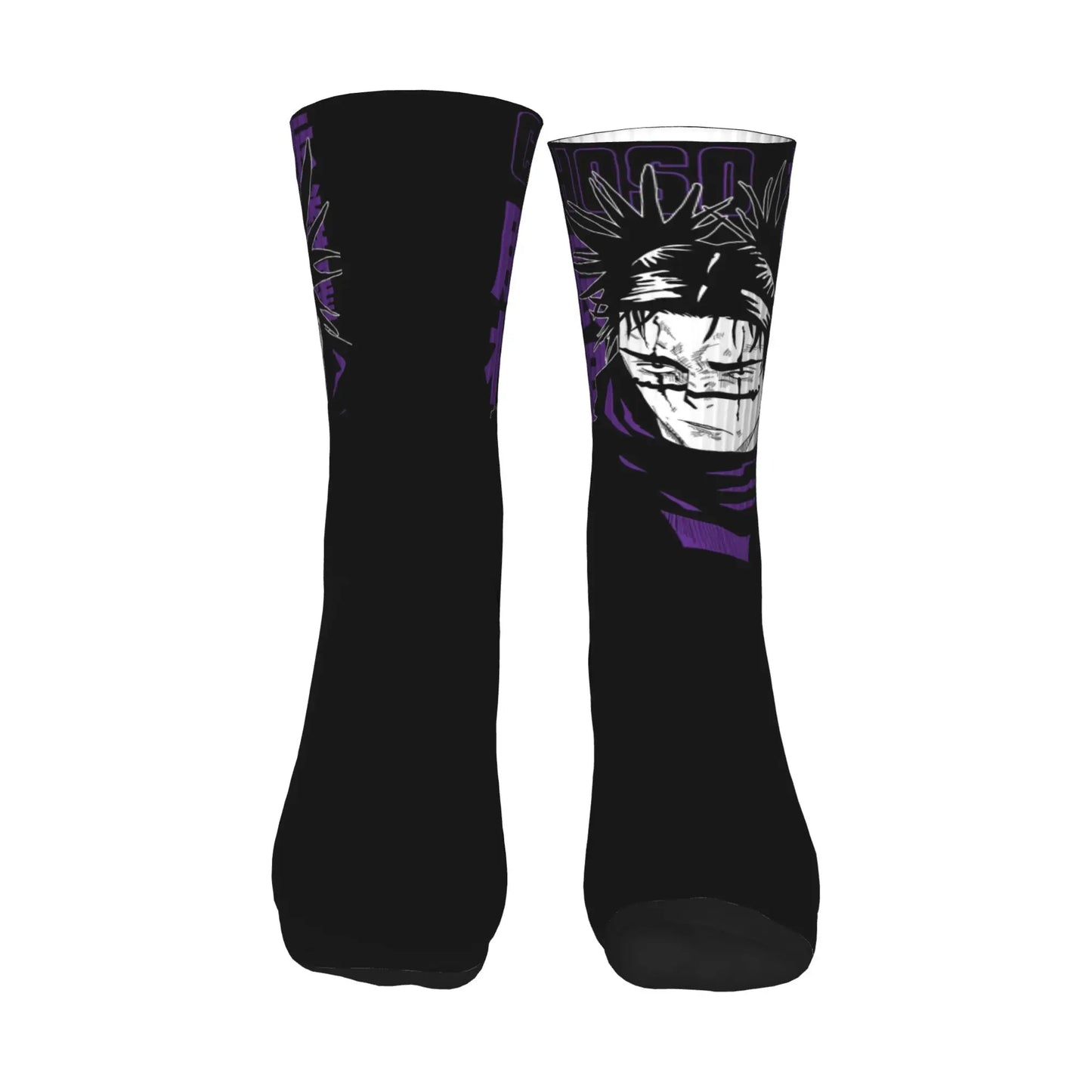 Paire de chaussettes noires avec motif violet au haut et visage stylisé.