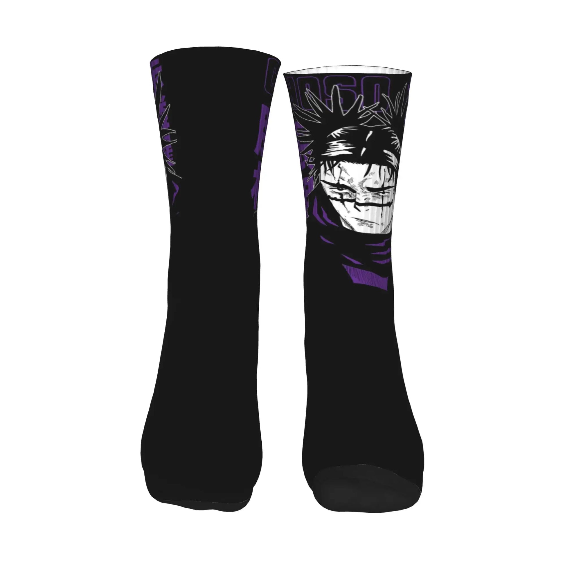 Paire de chaussettes noires avec motif violet au haut et visage stylisé.