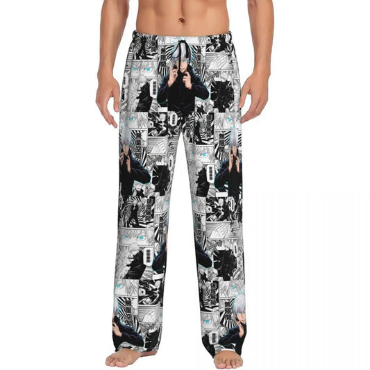 Pantalon pyjama noir/blanc à motifs manga, taille élastique avec cordon