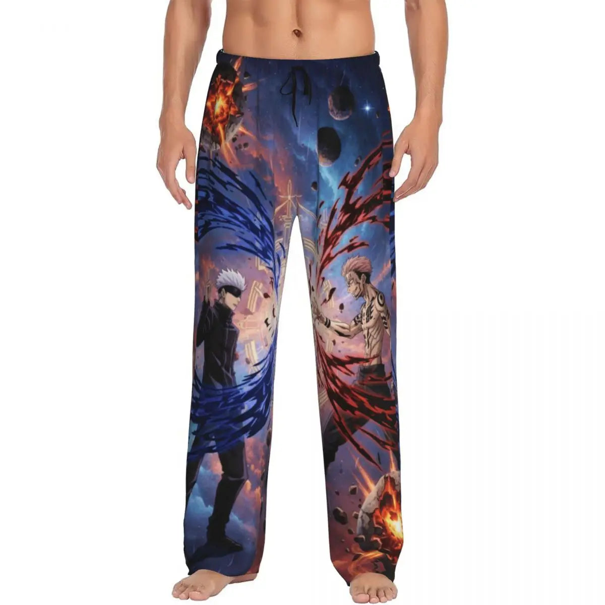 Pantalon de pyjama bleu foncé à imprimé duo anime, détails rouges et éclats