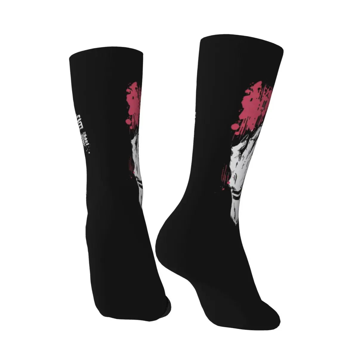 Chaussettes noires avec portrait Sukuna en blanc et taches rouges, vue arrière