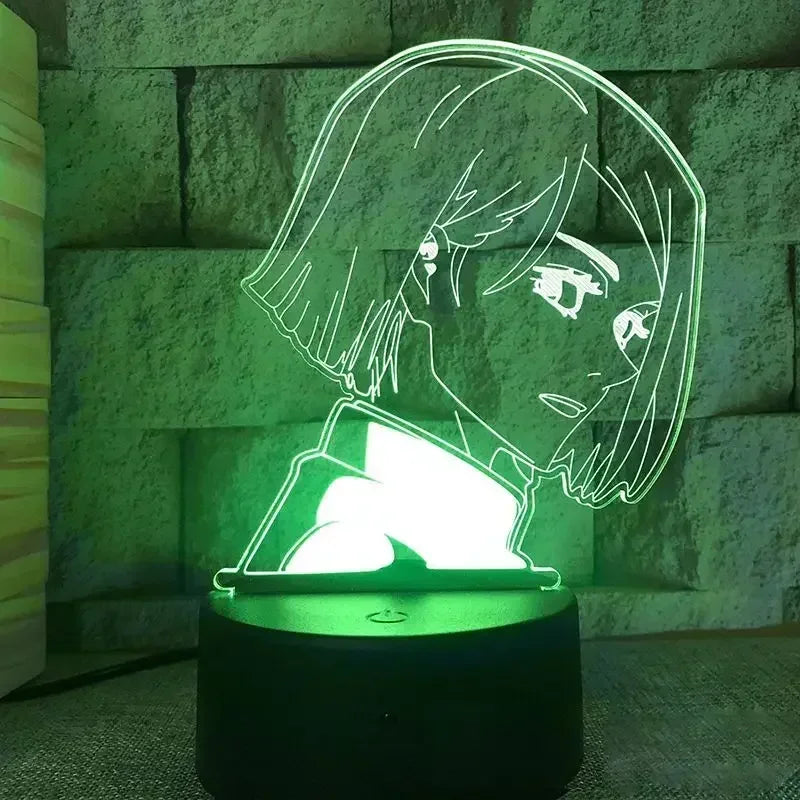 Lampe LED acrylique Nobara Kugisaki, contour lumineux vert, socle noir.
