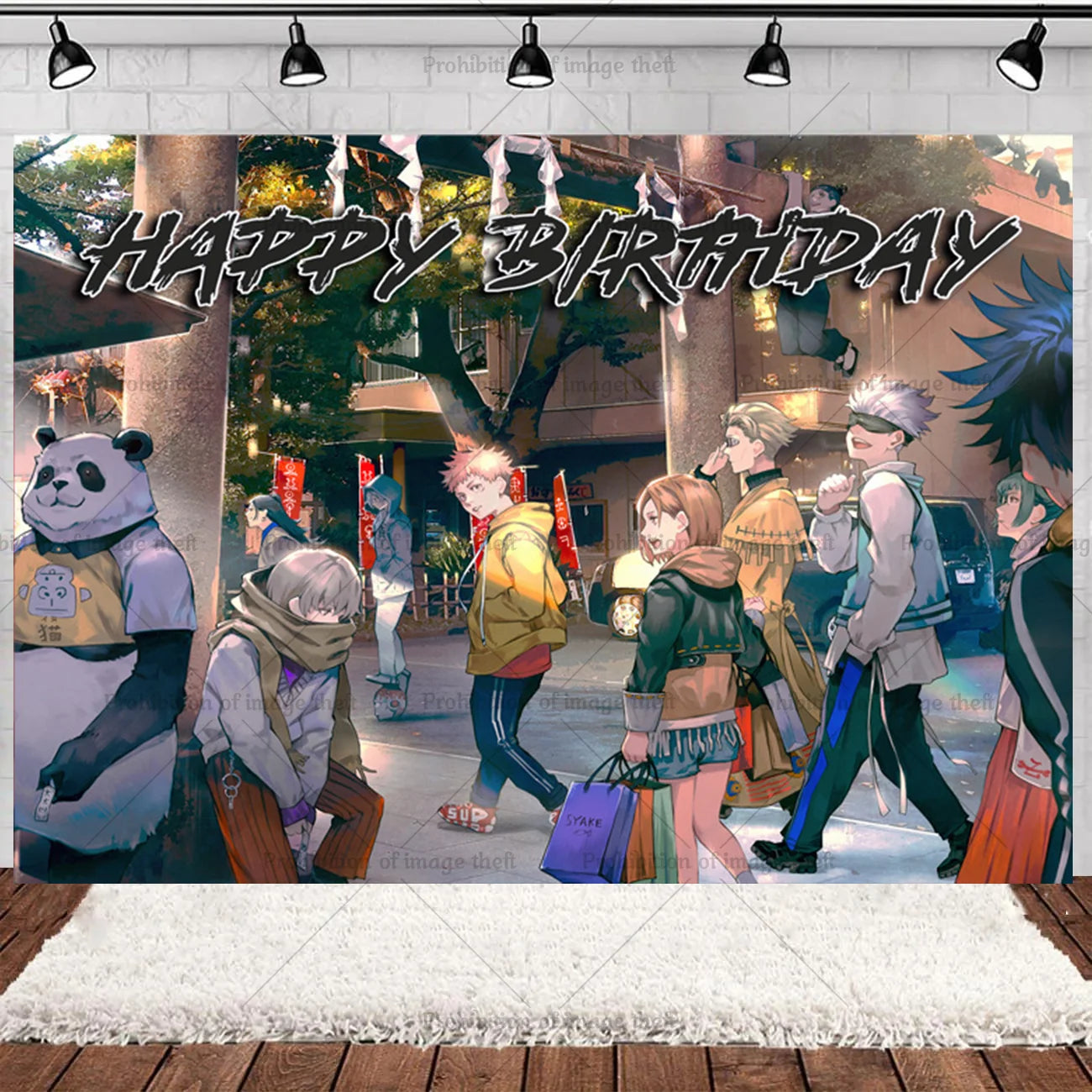 Backdrop Jujutsu Kaisen “Happy Birthday” avec personnages et décor extérieur