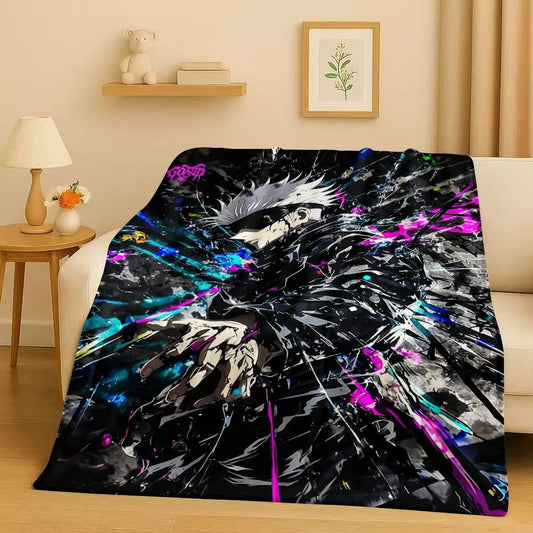 Plaid Jujutsu Kaisen Gojo Satoru à éclats cristal néon, fond noir, violet et bleu.