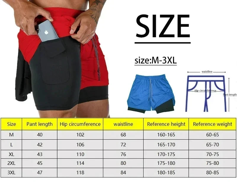 Blue drawstring shorts shown with size chart for M–3XL and key measurements