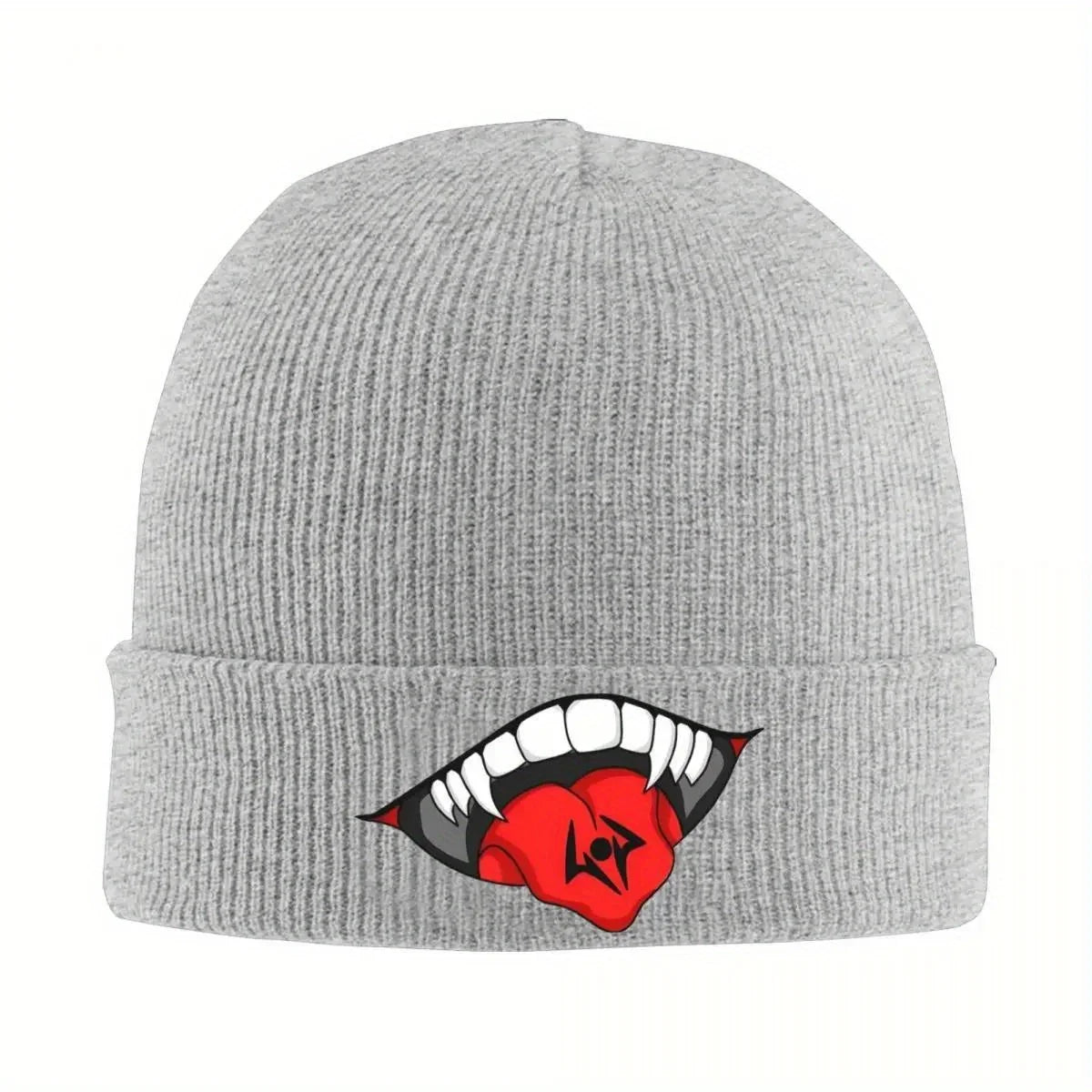 Bonnet gris chiné en tricot côtelé Ryomen Sukuna, badge rouge et dents blanches