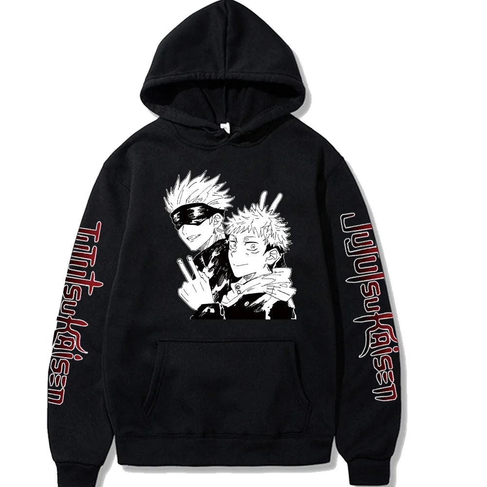 Black pullover hoodie with two-character front graphic and vertical red sleeve text accents.