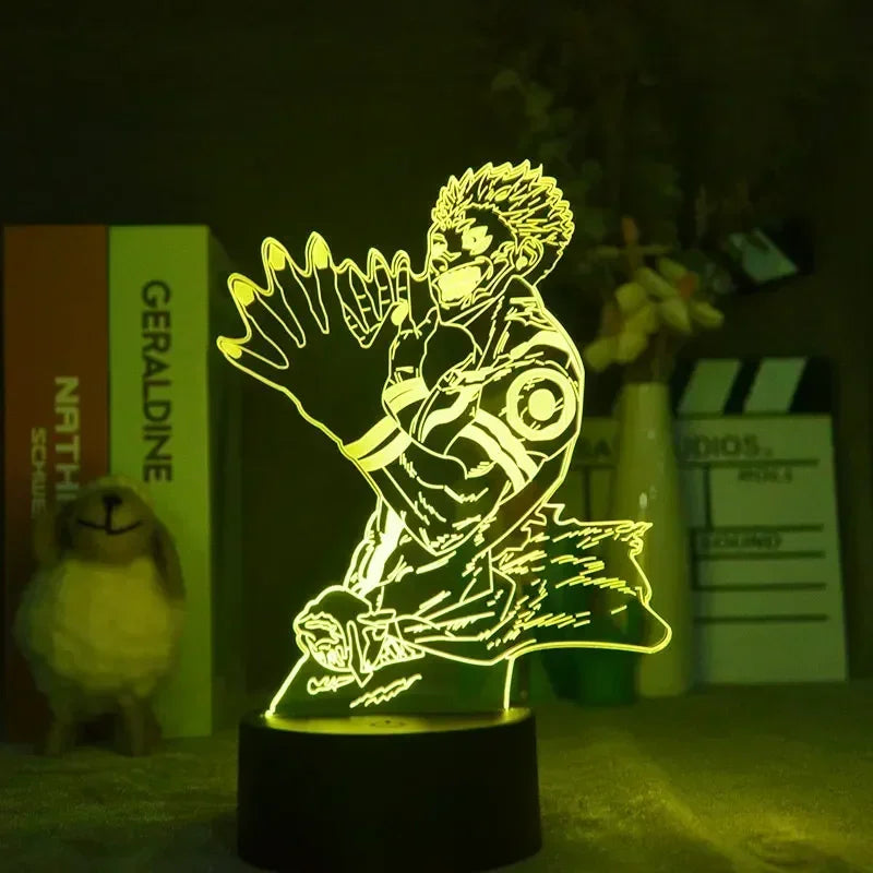 Lampe LED figurine lumineuse Sukuna, silhouette vert fluo sur socle rond.