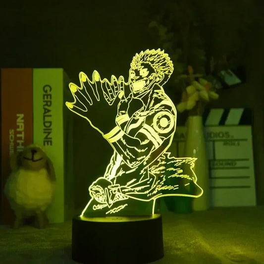 Lampe LED figurine lumineuse Sukuna, silhouette vert fluo sur socle rond.
