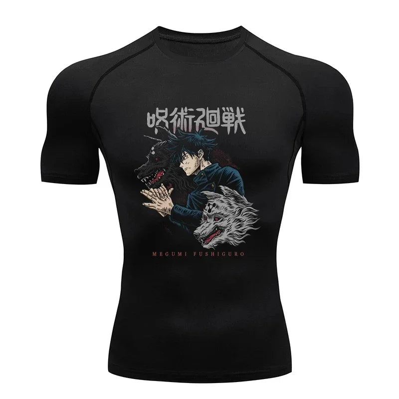 Black compression T-shirt with Megumi Fushiguro anime graphic, short sleeves
