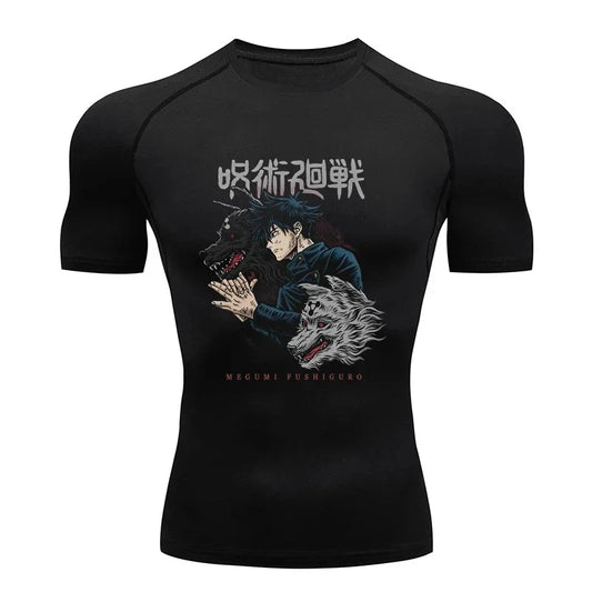 Black compression T-shirt with Megumi Fushiguro anime graphic, short sleeves