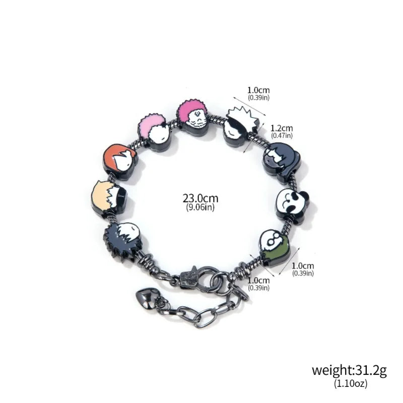 Bracelet circulaire à breloques personnages, cordon noir strié et fermoir argenté.