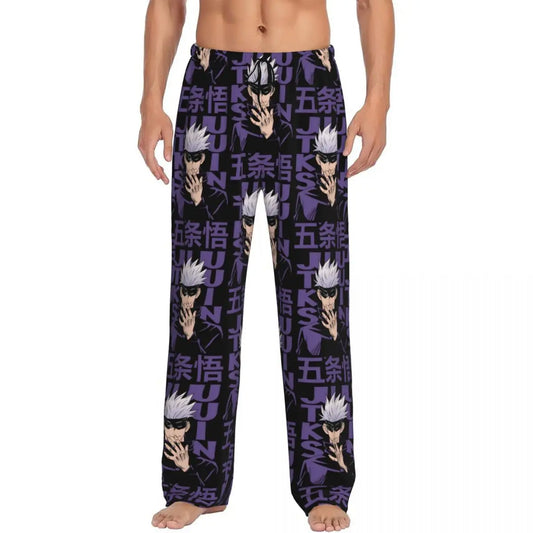 Dark pajama pants with purple graphic repeat pattern and characters on front and legs