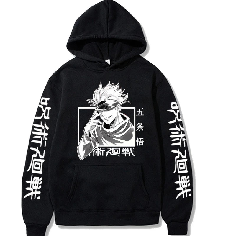 Hoodie noir à capuche, grand visuel monochrome sur la poitrine, poche kangourou