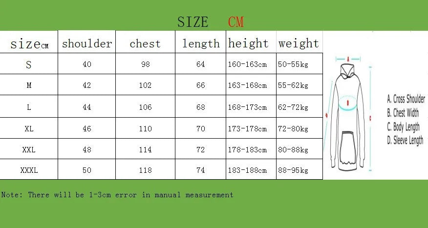 Tableau des tailles pour hoodie (S à XXXL) avec mesures largeur poitrine et longueur