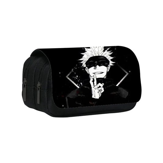 Trousse noire avec fermeture éclair et motif Gojo Satoru, style anime.