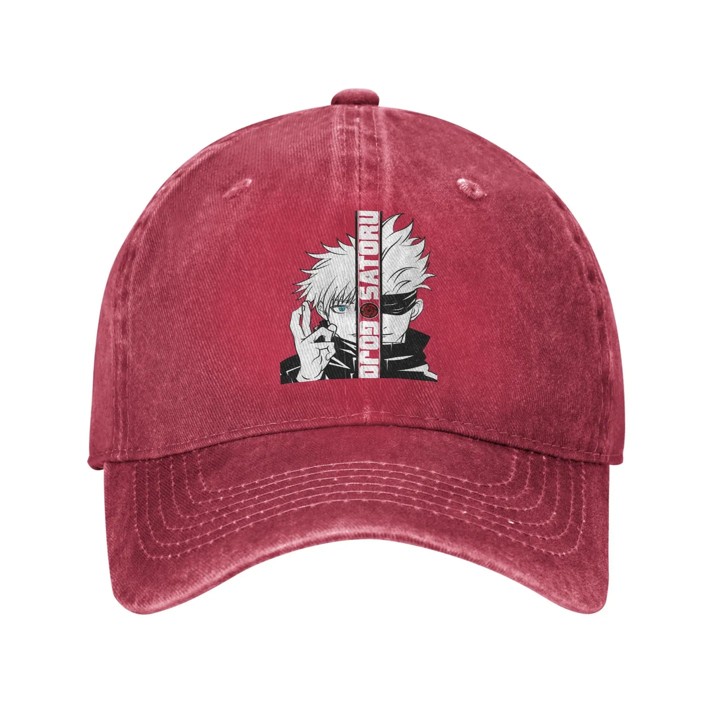 Casquette denim délavé rouge bordeaux, patch Gojo Satoru devant, visière courbée