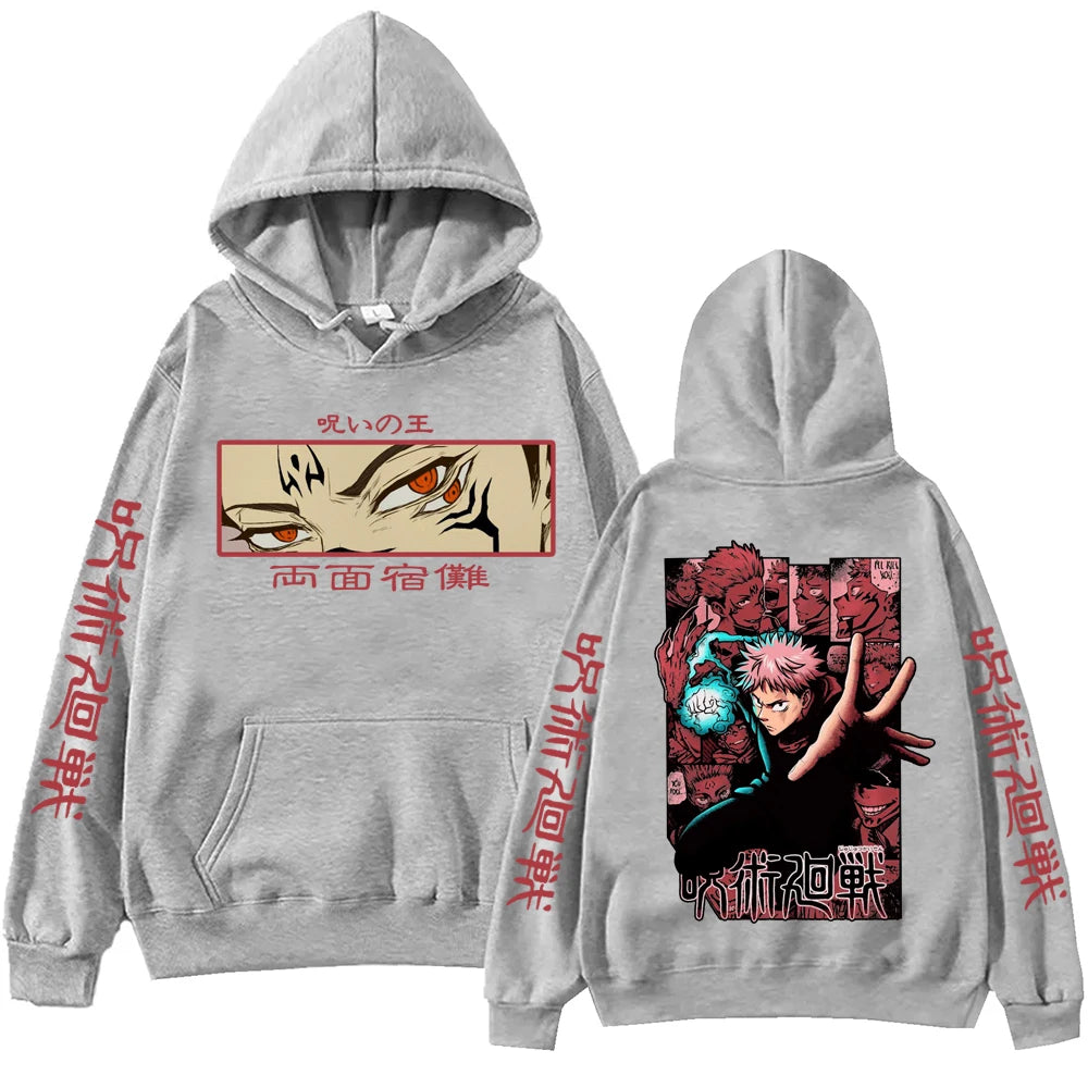 Hoodie gris à capuche, imprimé manga sur la poitrine et visuel au dos