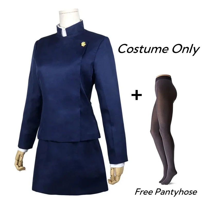 Costume bleu foncé avec veste et jupe, col blanc, livré avec collants noirs en tulle.