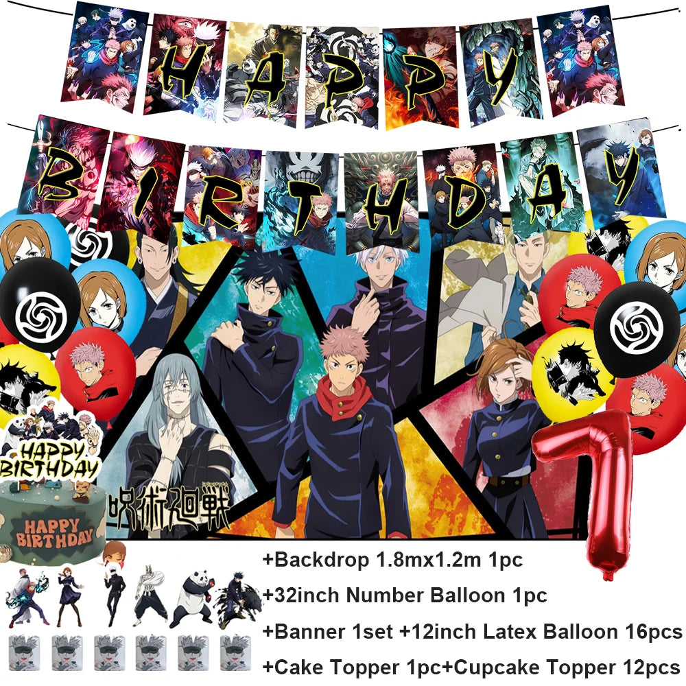 Kit anniversaire Jujutsu Kaisen : banderoles, ballons ronds et ballon rouge