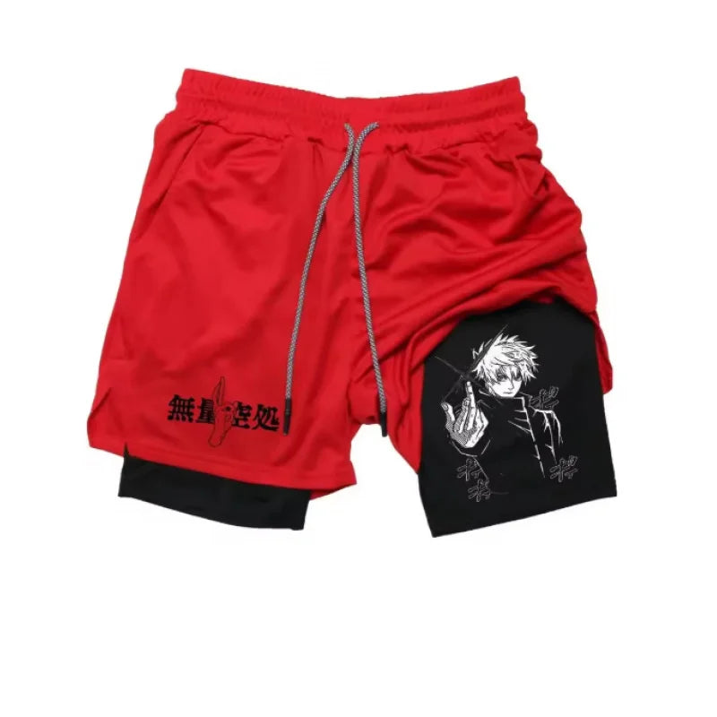 Short rouge avec cordon, imprimé manga noir sur la jambe