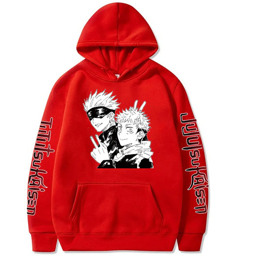 Red pullover hoodie with front graphic of two anime characters and long sleeve text print.