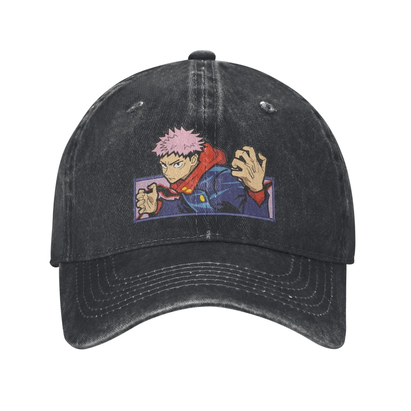 Casquette noire Jujutsu Kaisen avec patch Yoji Itodori à l’avant, coutures et visière